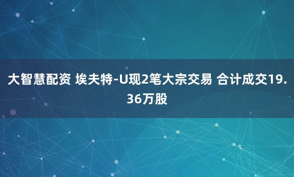 大智慧配资 埃夫特-U现2笔大宗交易 合计成交19.36万股
